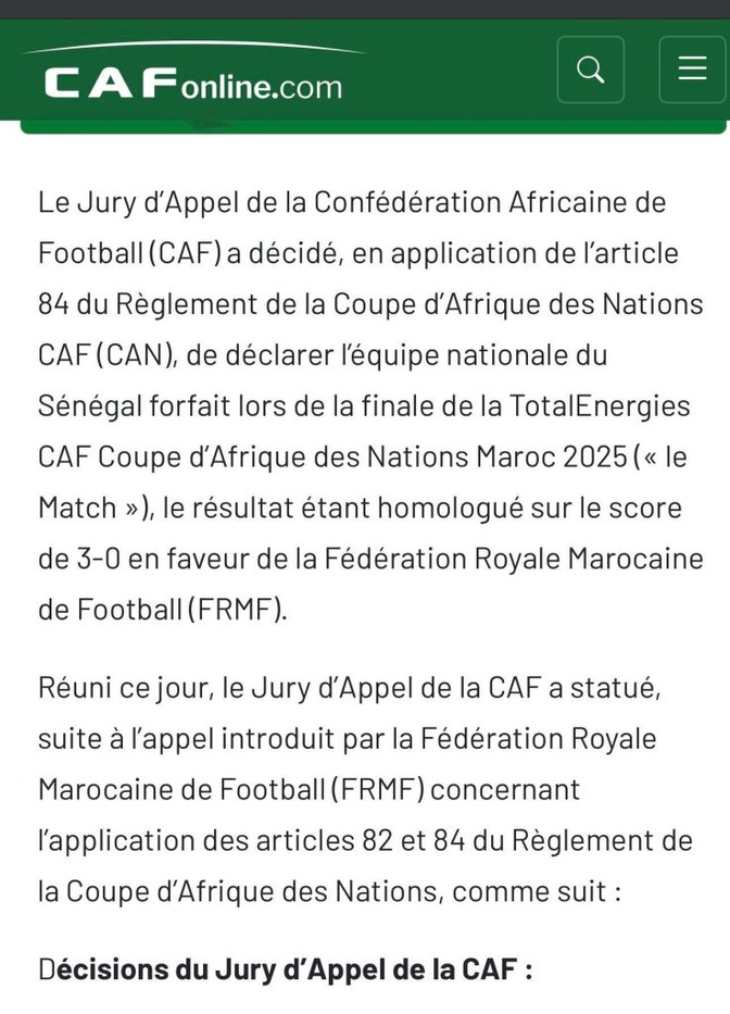 La CAF annule la victoire du Sénégal à la CAN 2025 et annonce le sacre du Maroc sur tapis vert (3-0)