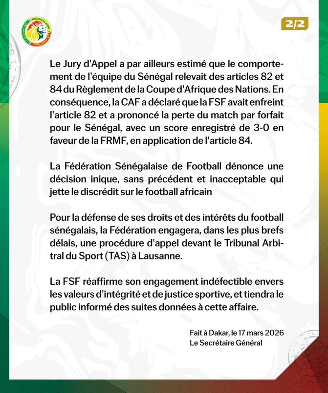 CAF : Le Sénégal sanctionné d’un forfait, la FSF saisit le TAS
