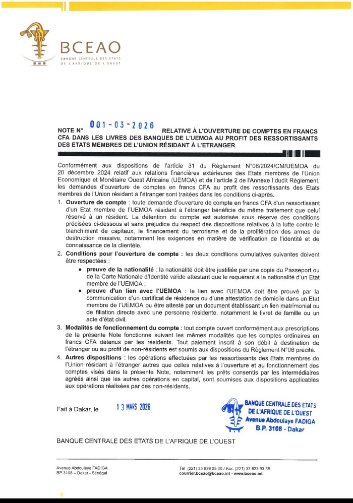 Ouverture de comptes en francs CFA pour la diaspora : la BCEAO clarifie les règles