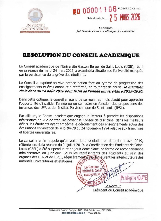 Crise universitaire à l’UGB : maintien du calendrier et menace d’invalidation de l’année