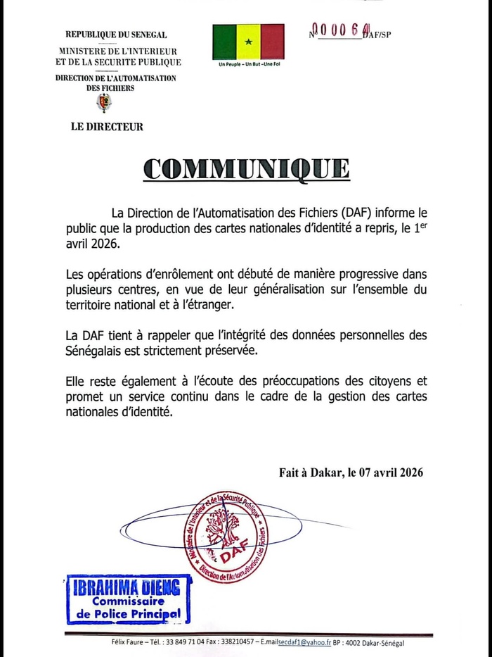 DAF : reprise de la production des cartes nationales d’identité