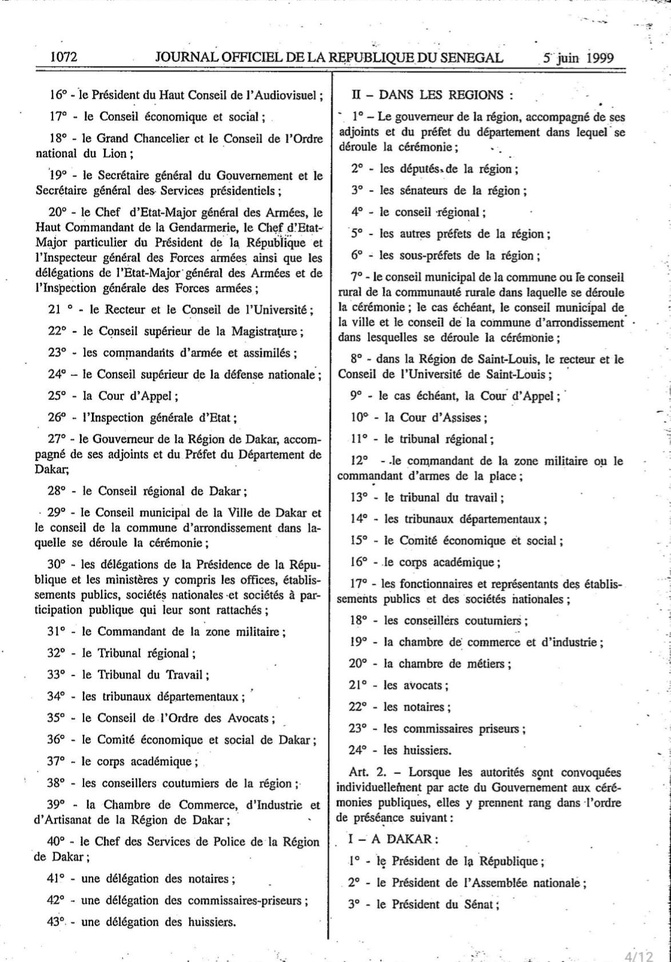 Protocole d’État au Sénégal : le décret de 1999 au cœur du débat sur la préséance des autorités