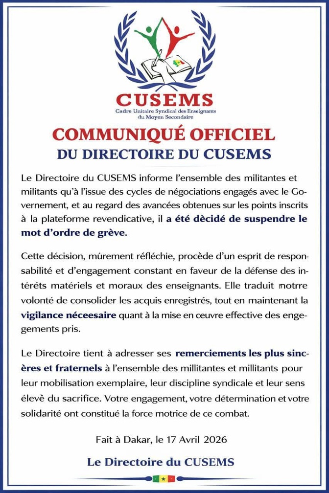 CUSEMS suspend son mot d’ordre de grève