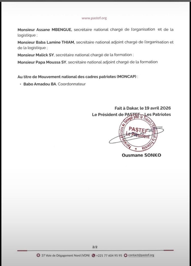 Restructuration de Pastef : Sonko verrouille le Bureau Politique avec ses lieutenants historiques Restructuration de Pastef : Sonko verrouille le Bureau Politique avec ses lieutenants historiques