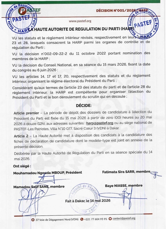 Pastef ouvre officiellement les candidatures pour la présidence du parti avant le congrès Pastef ouvre officiellement les candidatures pour la présidence du parti avant le congrès