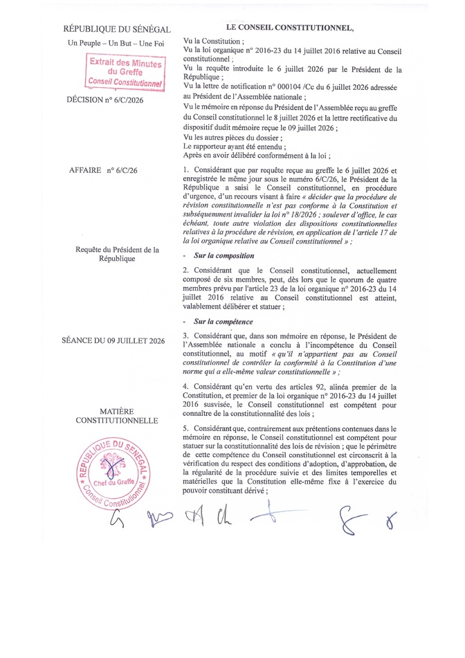 Sénégal: le Conseil constitutionnel invalide la loi de révision constitutionnelle n° 18/2026