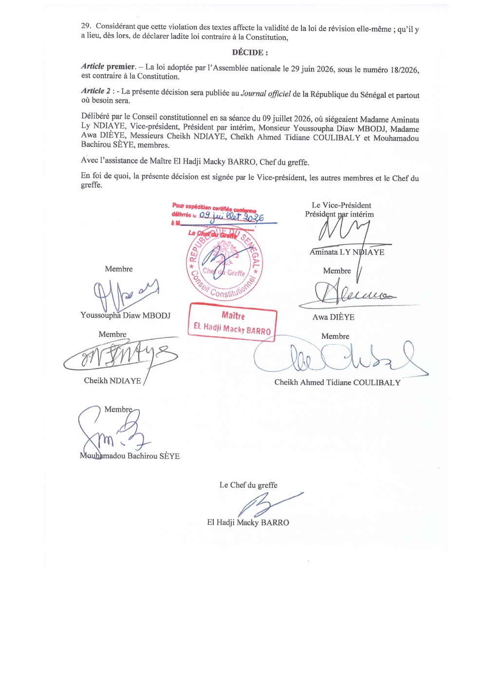 Sénégal: le Conseil constitutionnel invalide la loi de révision constitutionnelle n° 18/2026