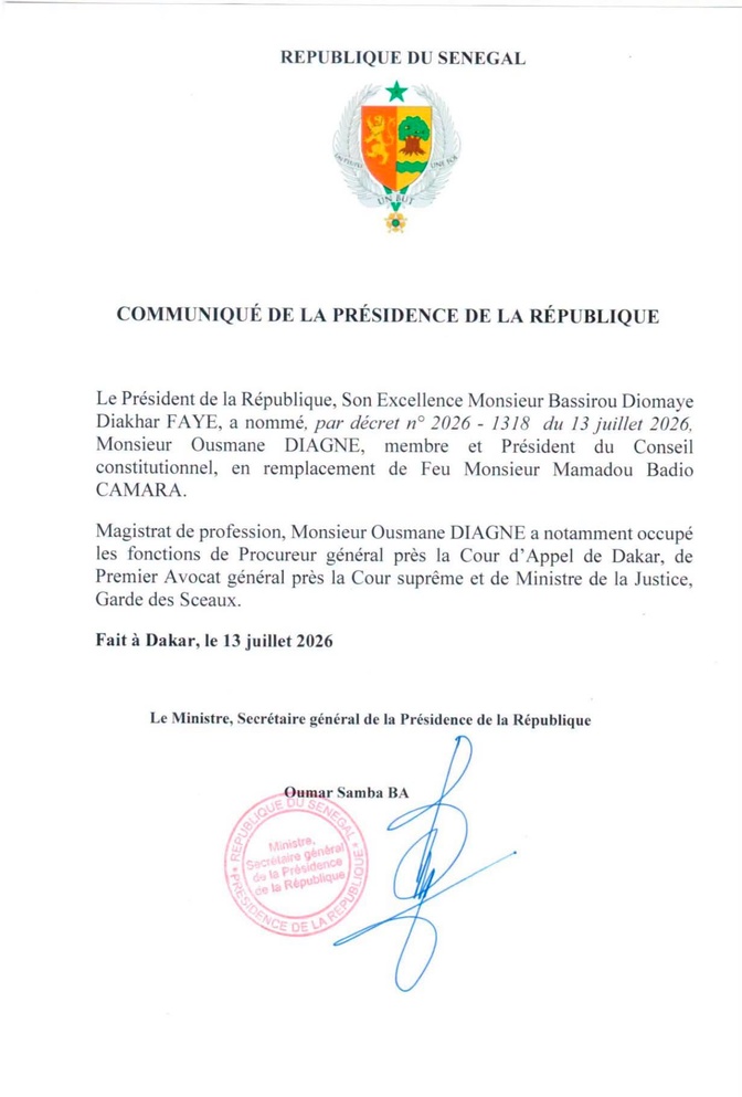 Conseil constitutionnel : Ousmane Diagne nommé président en remplacement de Mamadou Badio Camara Conseil constitutionnel : Ousmane Diagne nommé président en remplacement de Mamadou Badio Camara