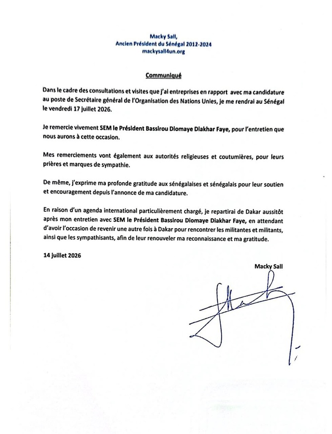 Macky Sall à Dakar pour solliciter l’appui de Bassirou Diomaye Faye dans la course à la tête de l’ONU