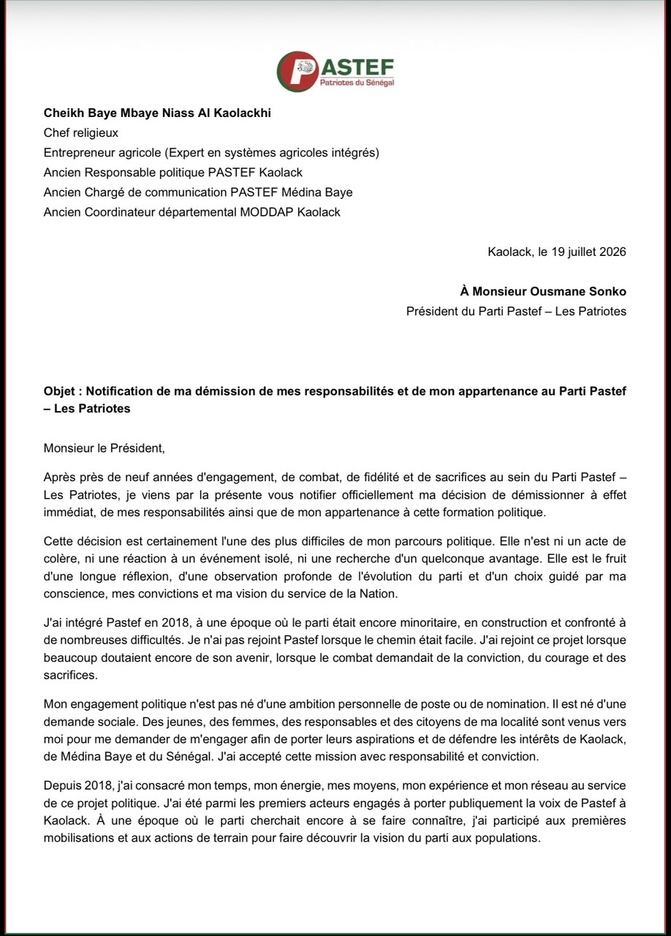 Démission : Pastef perd un ténor à Kaolack, Cheikh Baye Mbaye Niass Al Kaolackhi claque la porte