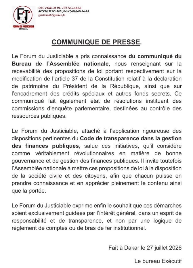 Transparence budgétaire et bonne gouvernance : Le Forum du Justiciable salue les initiatives de l’Assemblée nationale