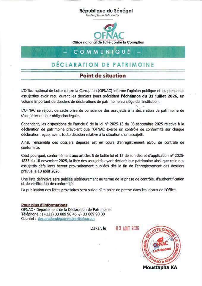 Déclaration de patrimoine : l’OFNAC publiera les listes provisoires à partir du 10 août