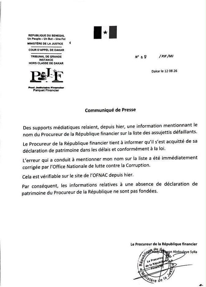 Déclaration de patrimoine : le Procureur financier dément son inscription sur la liste des défaillants
