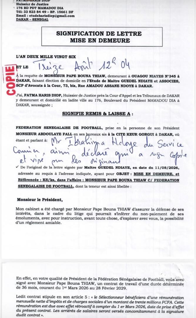 Football sénégalais : Pape Bouna Thiaw réclame plus de 423 millions FCFA à la Fédération