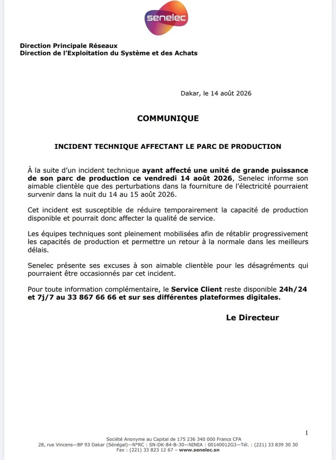 Électricité : Senelec annonce des perturbations dans la nuit du 14 au 15 août