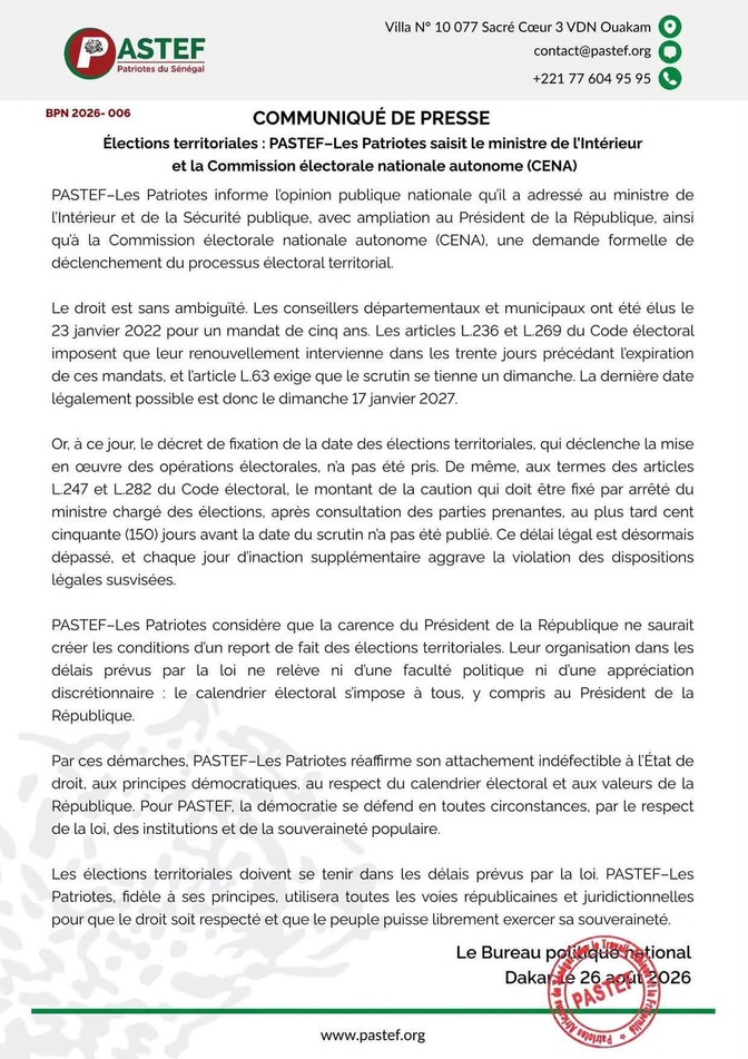 Élections territoriales : PASTEF interpelle le ministre de l’Intérieur et la CENA