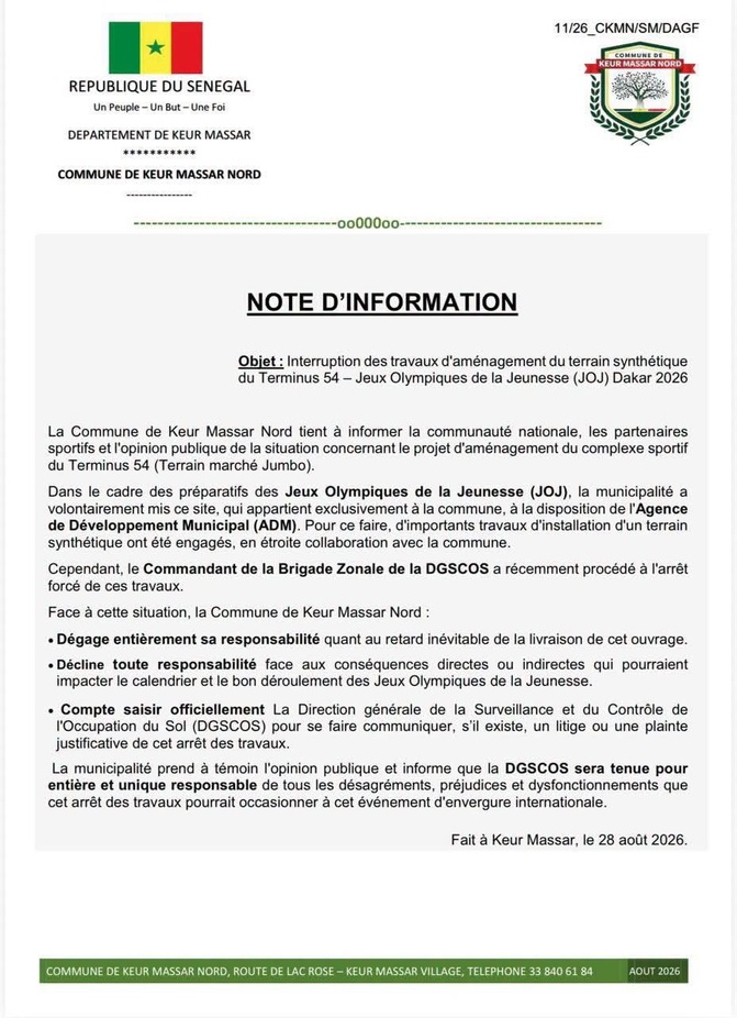 JOJ : Keur Massar Nord alerte sur l’arrêt des travaux du complexe sportif du Terminus 54