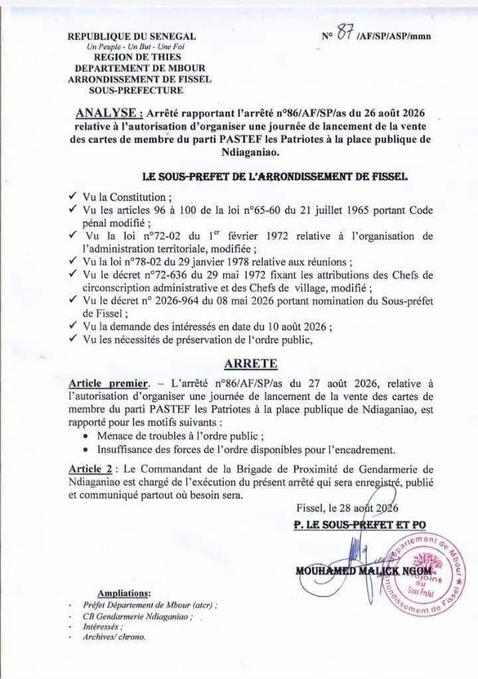 PASTEF à Ndiaganiao : l’autorité administrative invoque des menaces de troubles