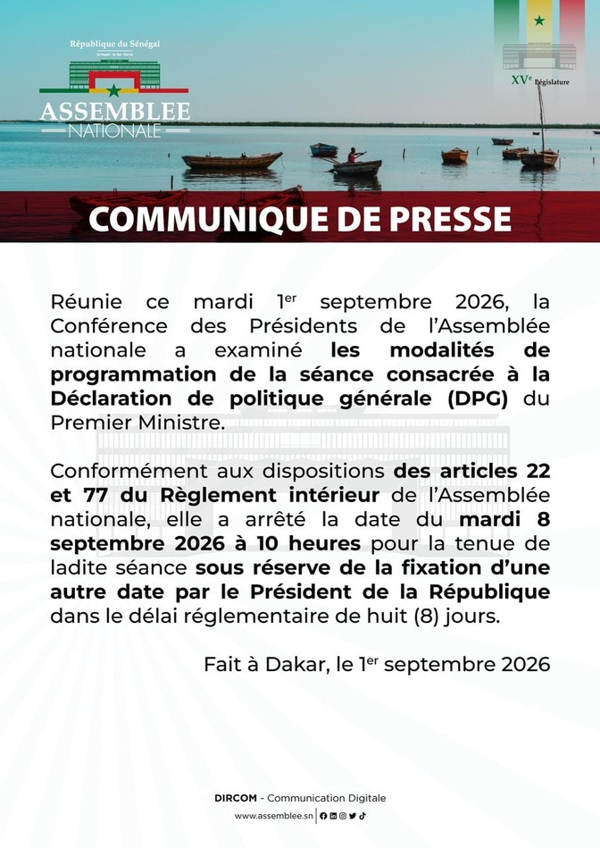 DPG du Premier ministre : l’Assemblée nationale fixe la séance au 8 septembre
