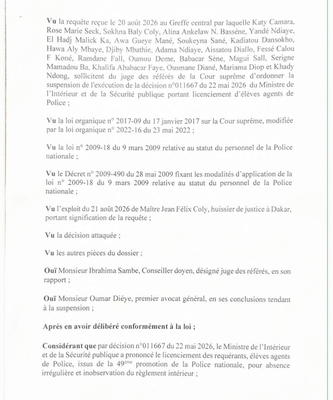 La Cour suprême suspend le licenciement des élèves agents de la 49ᵉ promotion