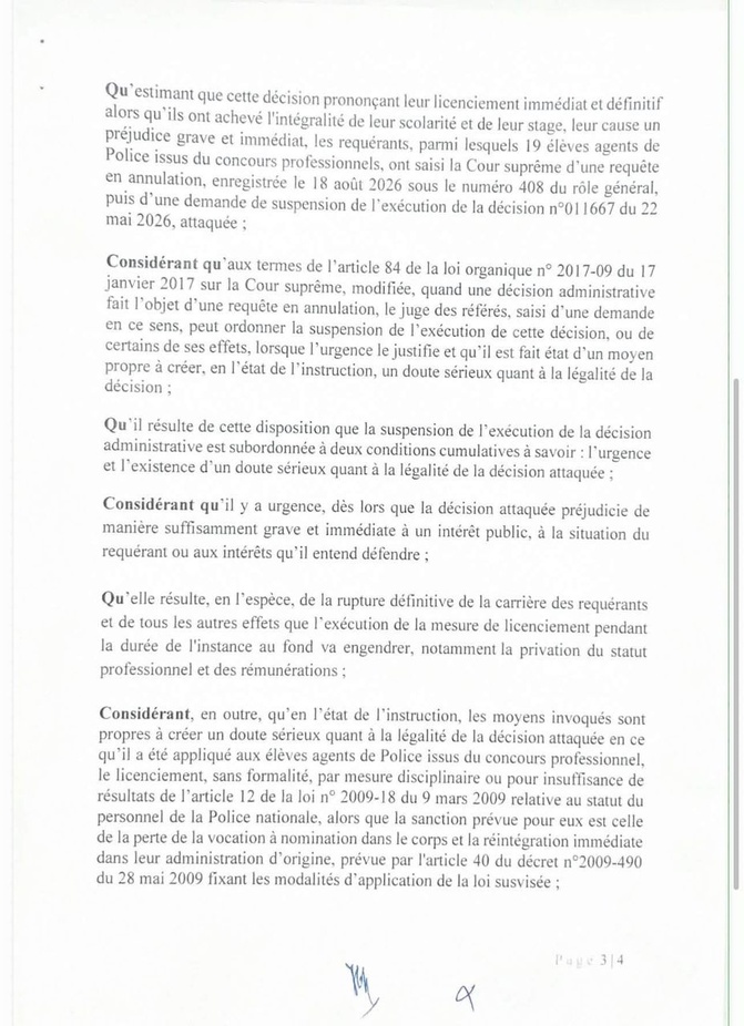La Cour suprême suspend le licenciement des élèves agents de la 49ᵉ promotion