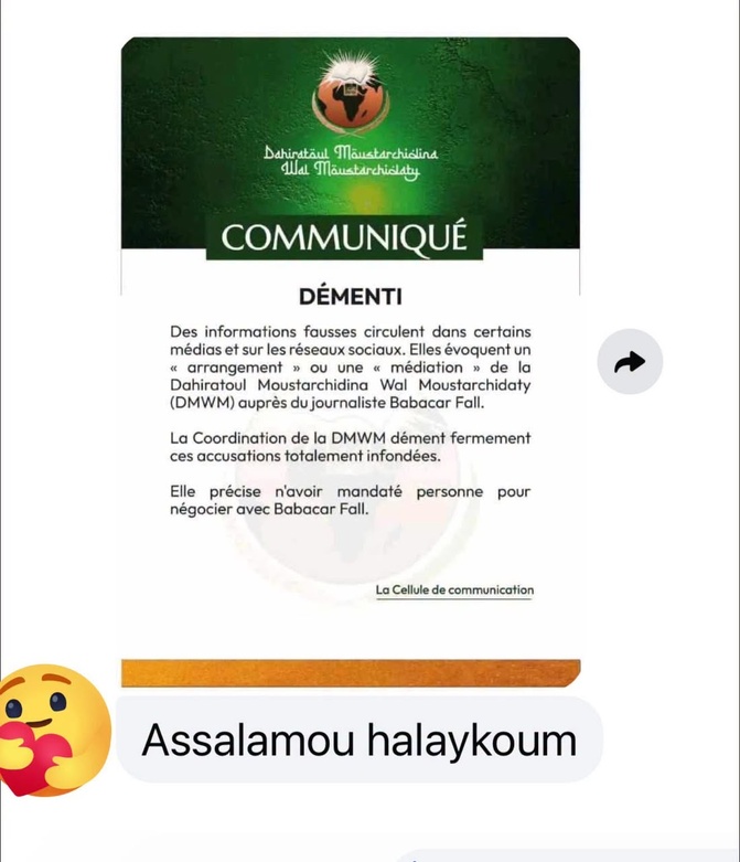 La Dahiratoul Moustarchidina Wal Moustarchidaty dément toute médiation auprès de Babacar Fall