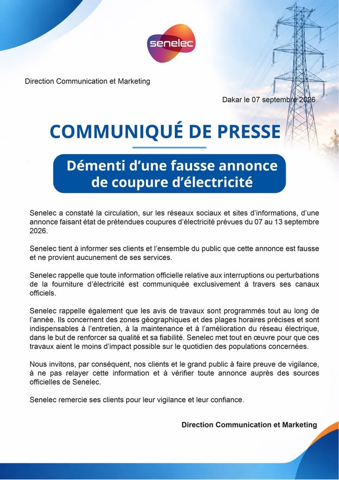 Coupures d’électricité annoncées du 7 au 13 septembre : Senelec dément