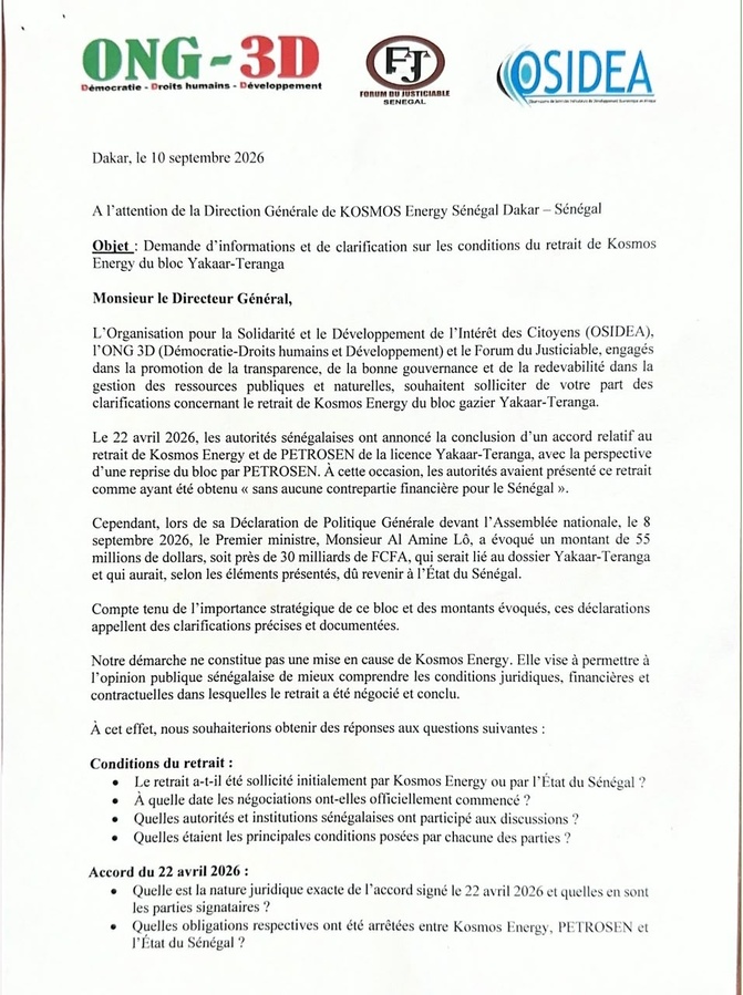 Yakaar-Teranga : l’OSIDEA, l’ONG 3D et le Forum du Justiciable demandent des clarifications à Kosmos Energy