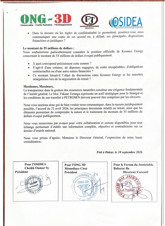 Yakaar-Teranga : l’OSIDEA, l’ONG 3D et le Forum du Justiciable demandent des clarifications à Kosmos Energy