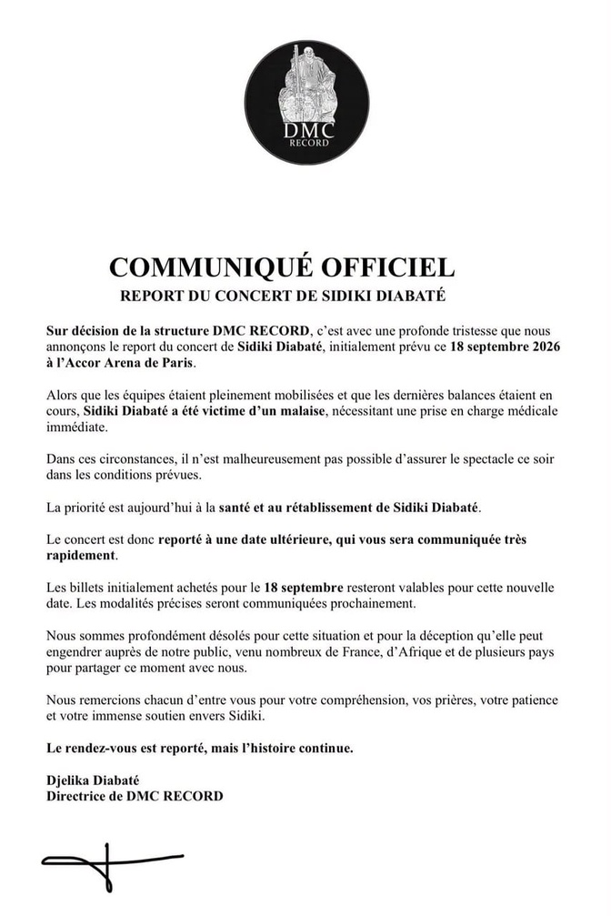 Sidiki Diabaté victime d’un malaise avant son concert à l’Accor Arena Sidiki Diabaté victime d’un malaise avant son concert à l’Accor Arena