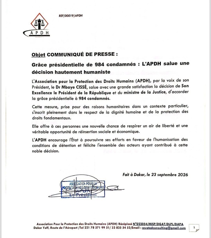 Grâce à 984 condamnés : l’APDH encourage l’État à poursuivre ses efforts humanitaires