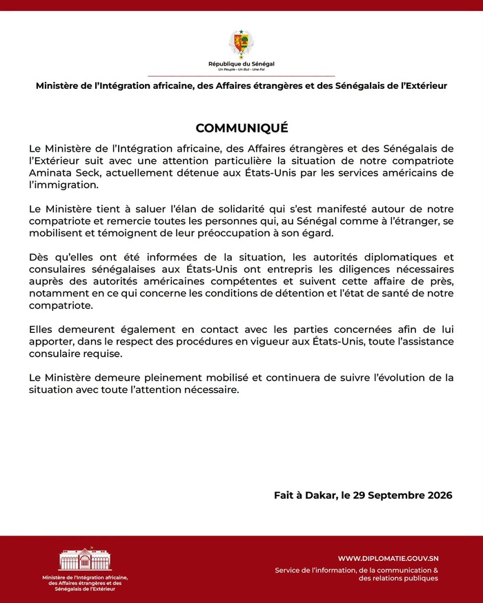Le Ministère des Affaires étrangères mobilisé pour l'assistance à Aminata Seck, détenue aux États-Unis