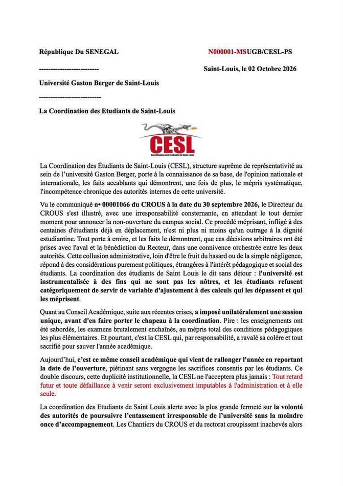 UGB : la CESL dénonce une gestion « irresponsable » et menace de durcir le ton