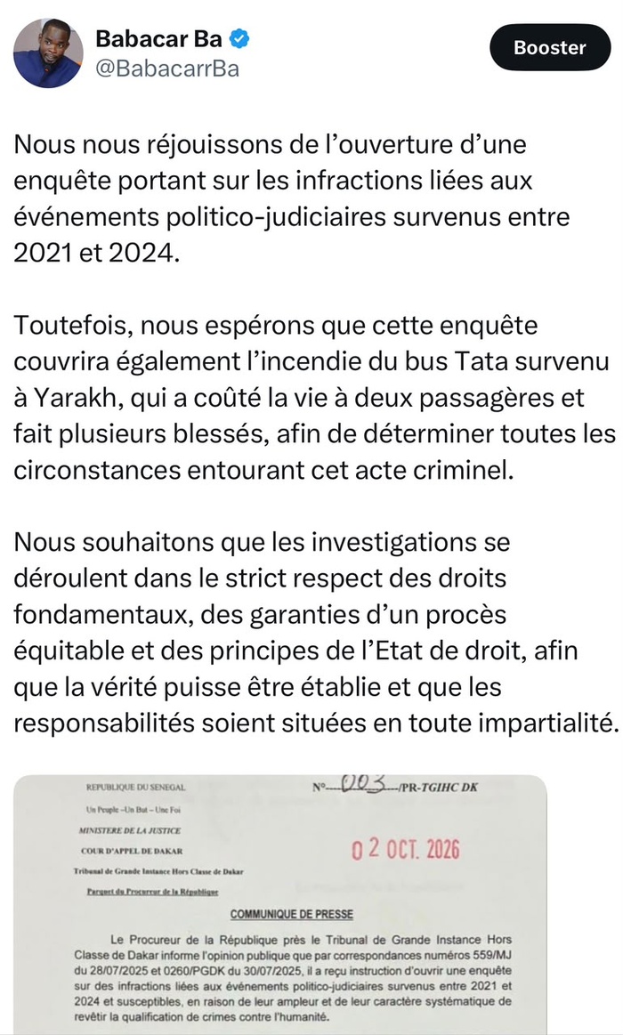 Événements 2021-2024 au Sénégal: Le Forum du Justiciables salue l'enquête et réclame toute la lumière sur l'attentat du bus Tata de Yarakh