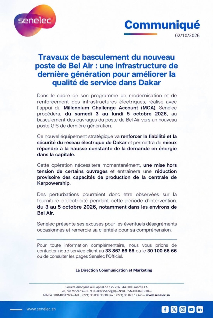 Dakar : Senelec annonce des travaux de basculement du nouveau poste de Bel Air et de possibles perturbations du réseau