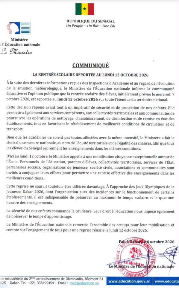 Sénégal : la rentrée scolaire reportée au lundi 12 octobre