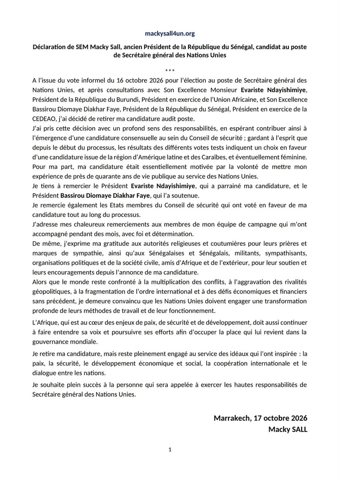 Macky Sall retire sa candidature à l’ONU après les consultations avec les présidents sénégalais et burundais