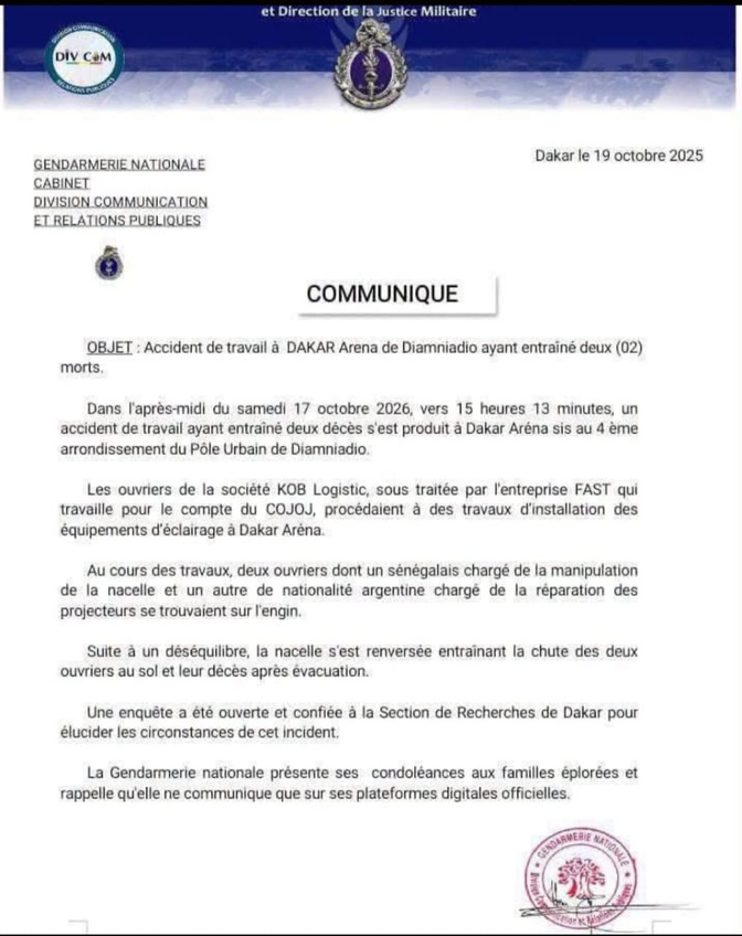 Dakar Arena : une nacelle chute et tue deux ouvriers lors de travaux d’éclairage