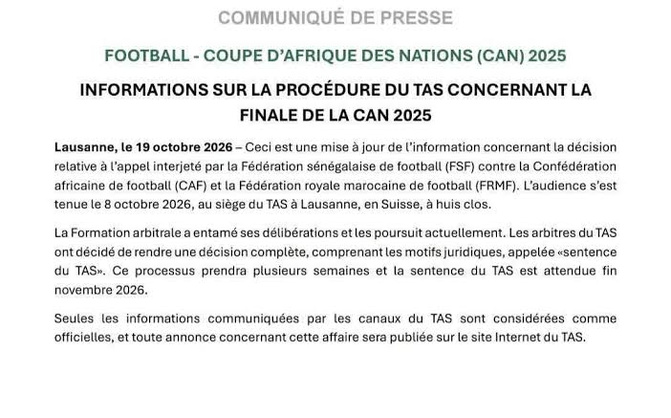 CAN 2025 : la décision du TAS sur le recours de la FSF attendue fin novembre 2026