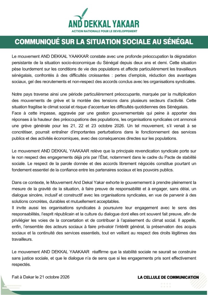 Grève générale des 21, 22 et 23 octobre : AND DEKKAL YAAKAAR alerte sur la dégradation du climat social au Sénégal