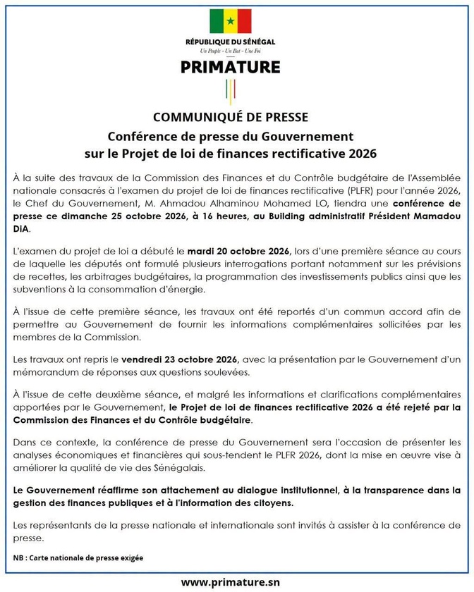 Rejet du PLFR 2026 en commission :   le Premier ministre Ahmadou Alhaminou Mohamed Lo prend la parole ce dimanche