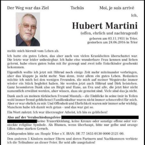 Un Allemand écrit sa propre nécrologie pleine d’humour