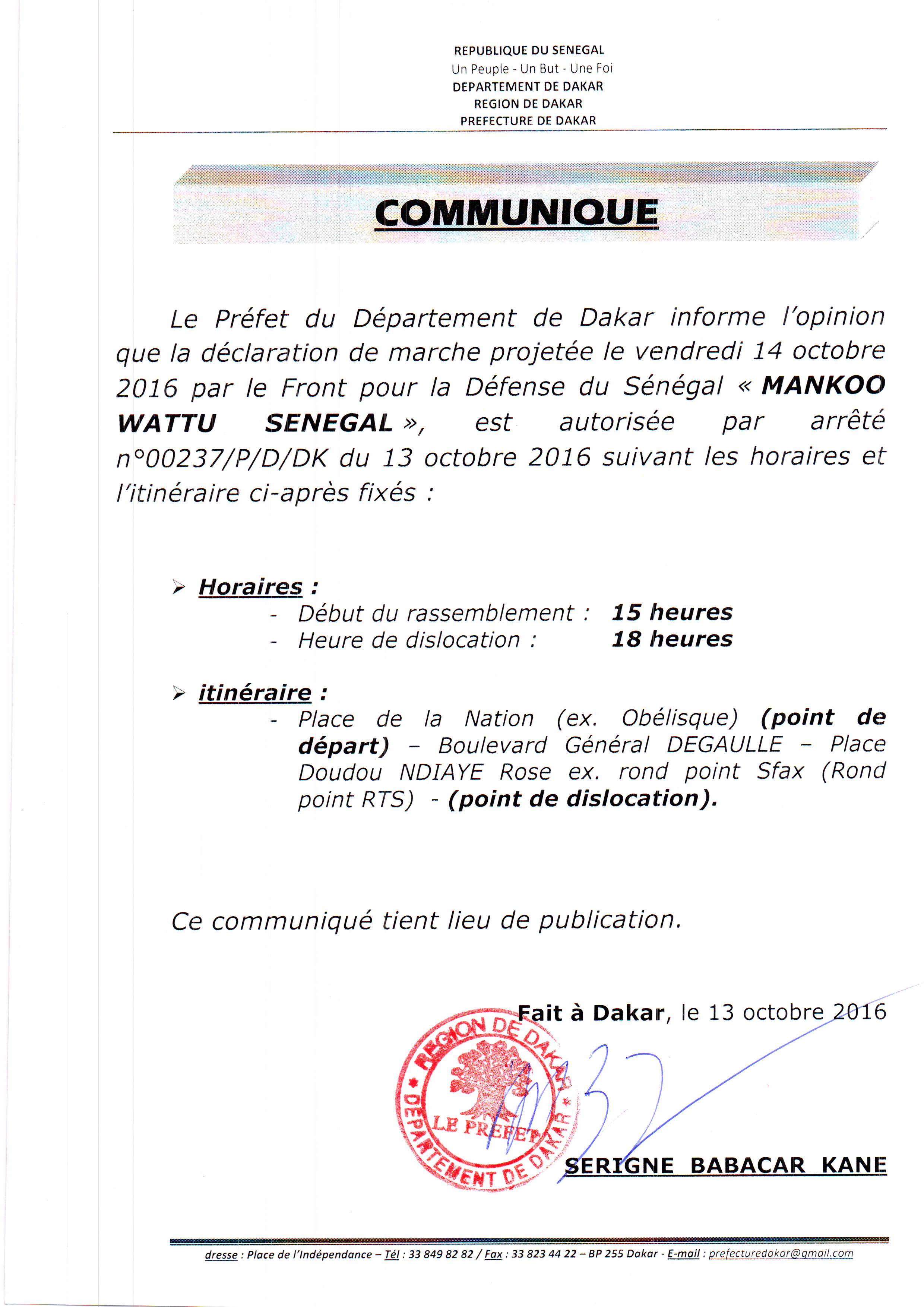 Le Préfet du Département de Dakar autorise la marche de Manko Wattu Senegaal