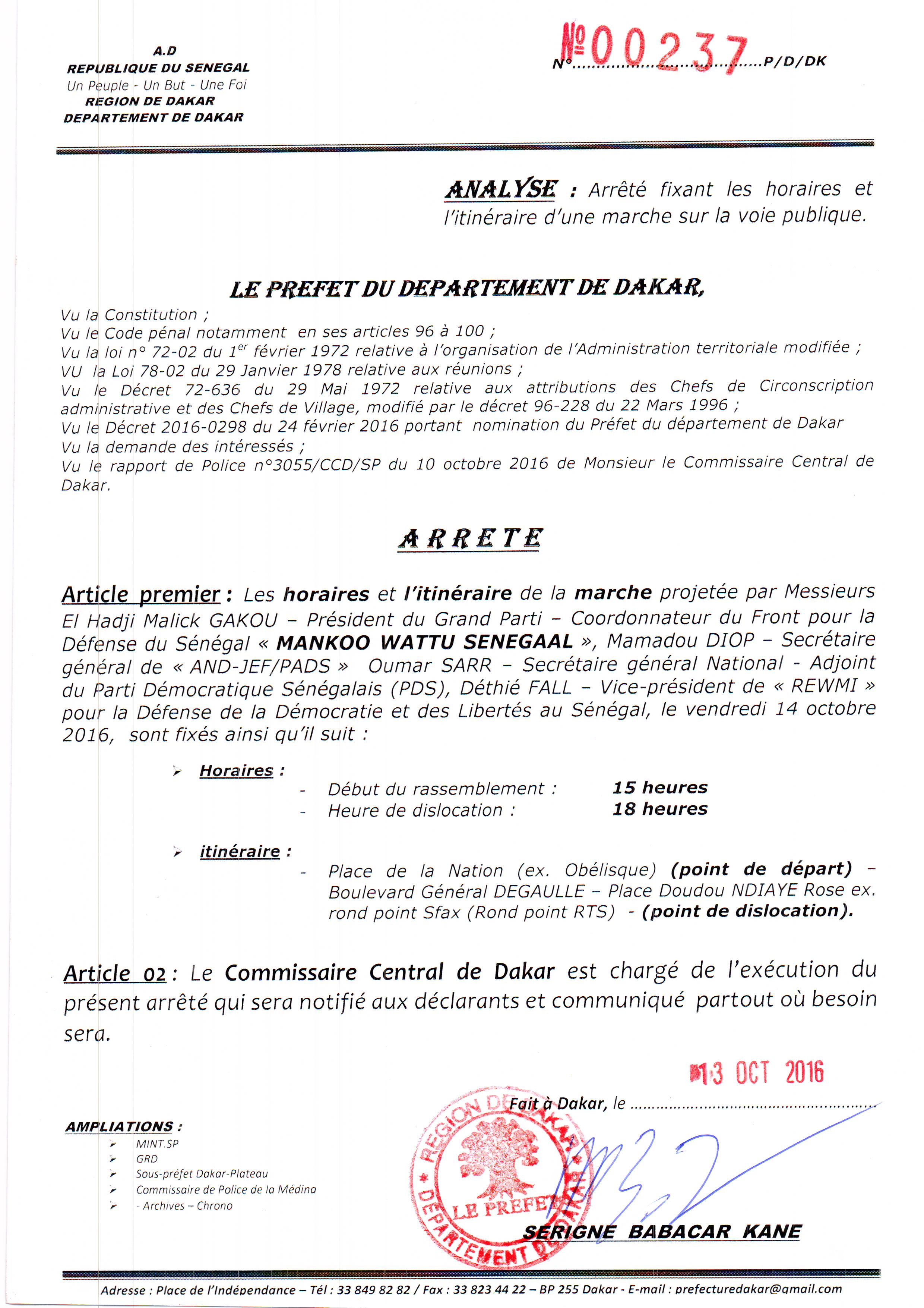 Le Préfet du Département de Dakar autorise la marche de Manko Wattu Senegaal