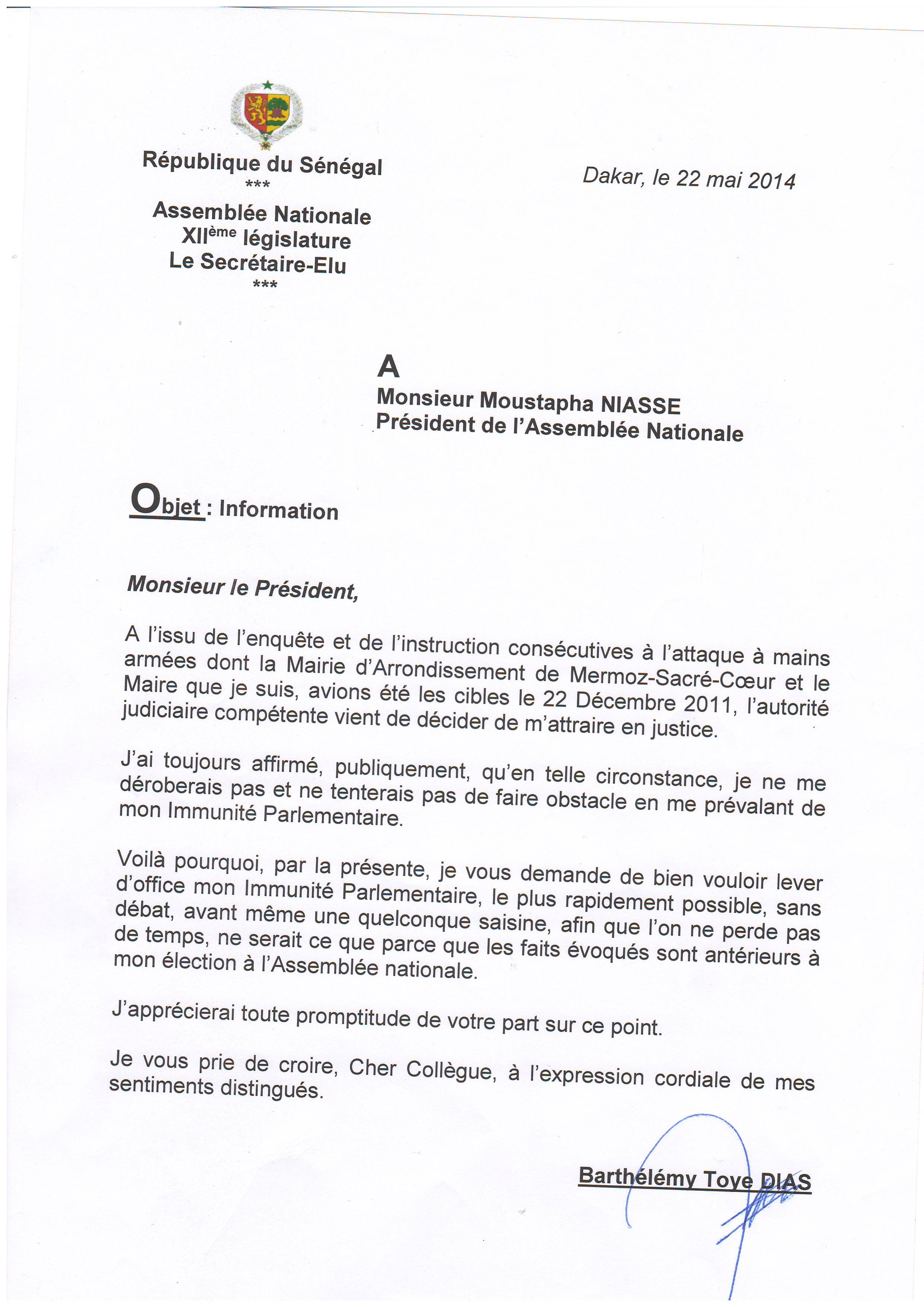 Exclusif : Levée de son immunité parlementaire : Les lettres de Barthélémy Dias de 2014  au Président Moustapha Niasse et aux députés Moustapha Diakhaté, Hélène Tine, Seydina Fall, Cheikh Seck et Seynabou Wade...