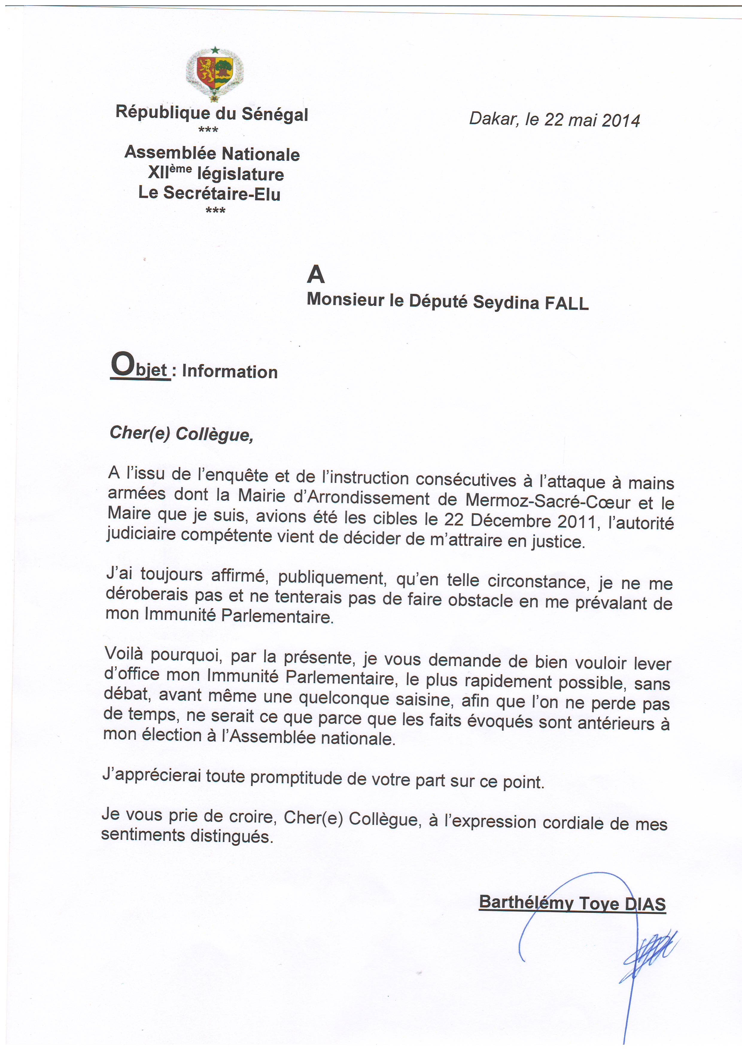 Exclusif : Levée de son immunité parlementaire : Les lettres de Barthélémy Dias de 2014  au Président Moustapha Niasse et aux députés Moustapha Diakhaté, Hélène Tine, Seydina Fall, Cheikh Seck et Seynabou Wade...