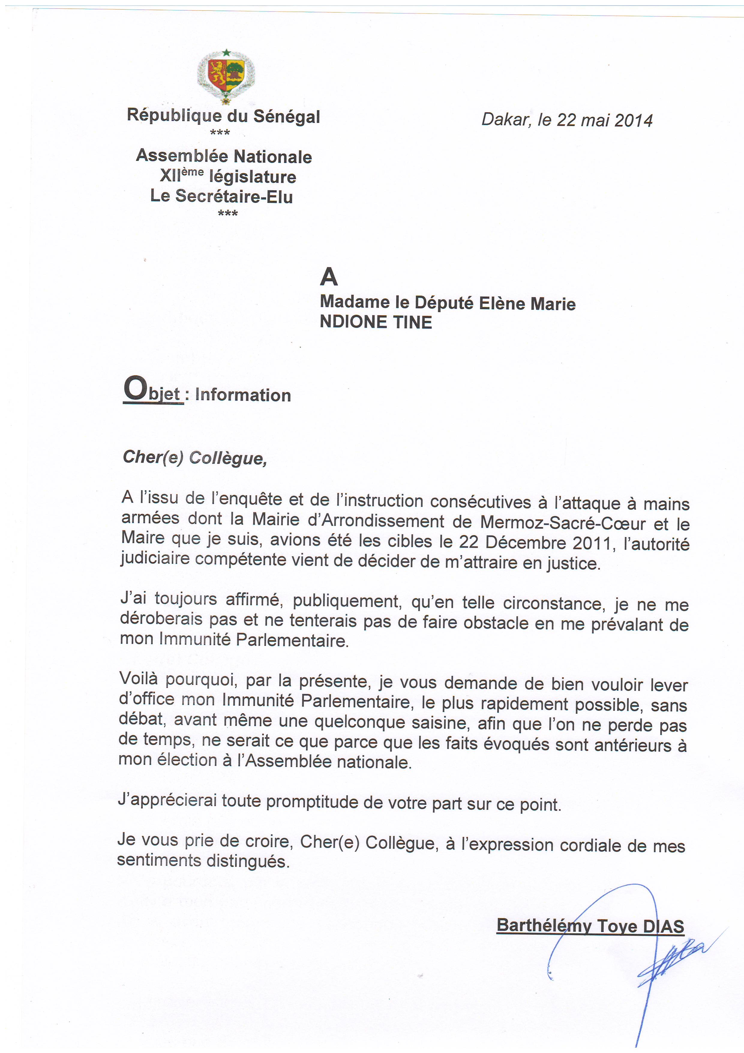 Exclusif : Levée de son immunité parlementaire : Les lettres de Barthélémy Dias de 2014  au Président Moustapha Niasse et aux députés Moustapha Diakhaté, Hélène Tine, Seydina Fall, Cheikh Seck et Seynabou Wade...