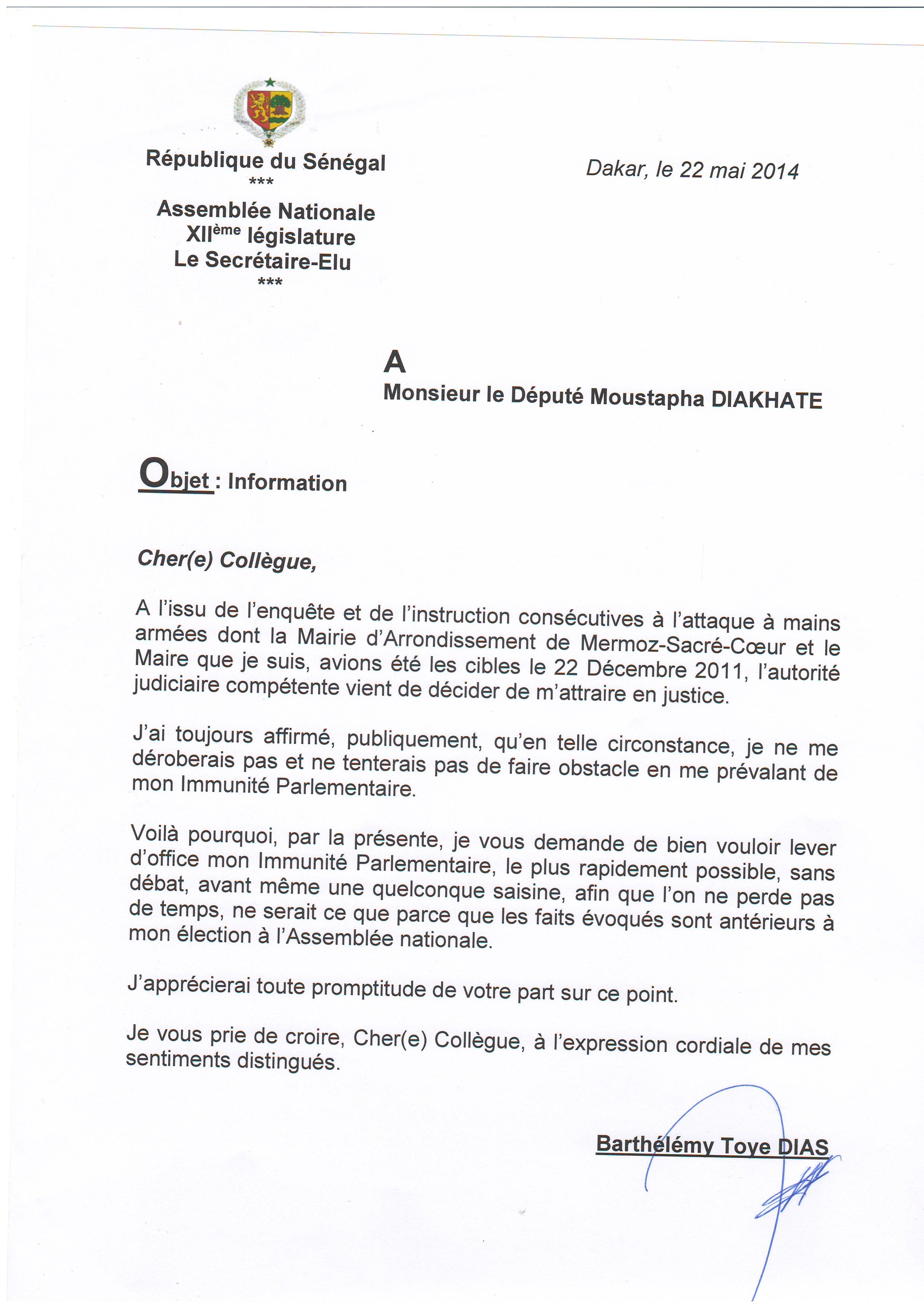 Exclusif : Levée de son immunité parlementaire : Les lettres de Barthélémy Dias de 2014  au Président Moustapha Niasse et aux députés Moustapha Diakhaté, Hélène Tine, Seydina Fall, Cheikh Seck et Seynabou Wade...