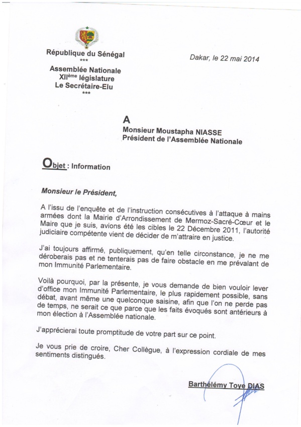 CHEIKH SECK, député, coordonnateur du sous-groupe du PS à l’Assemblée nationale déclarait : «Barthélémy Dias n’a déposé aucune demande pour la levée de son immunité parlementaire…»