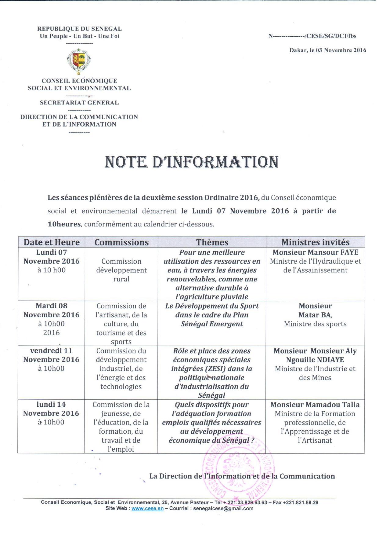 Le programme des séances plénières du Le Conseil Economique, Social et Environnemental.